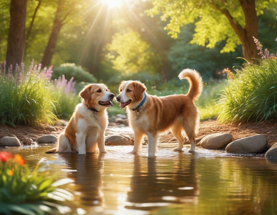 A heartwarming scene showcasing a dog at various life stages: a playful puppy, a joyful adult dog, and a wise senior dog, all interacting with their loving owner in a lush, sunlit park. Surround them with symbols of wellness like nutritious food bowls, toys, and a gentle stream. Add soft, pastel colors for a warm and inviting atmosphere. super-realistic. vibrant colors. natural setting.