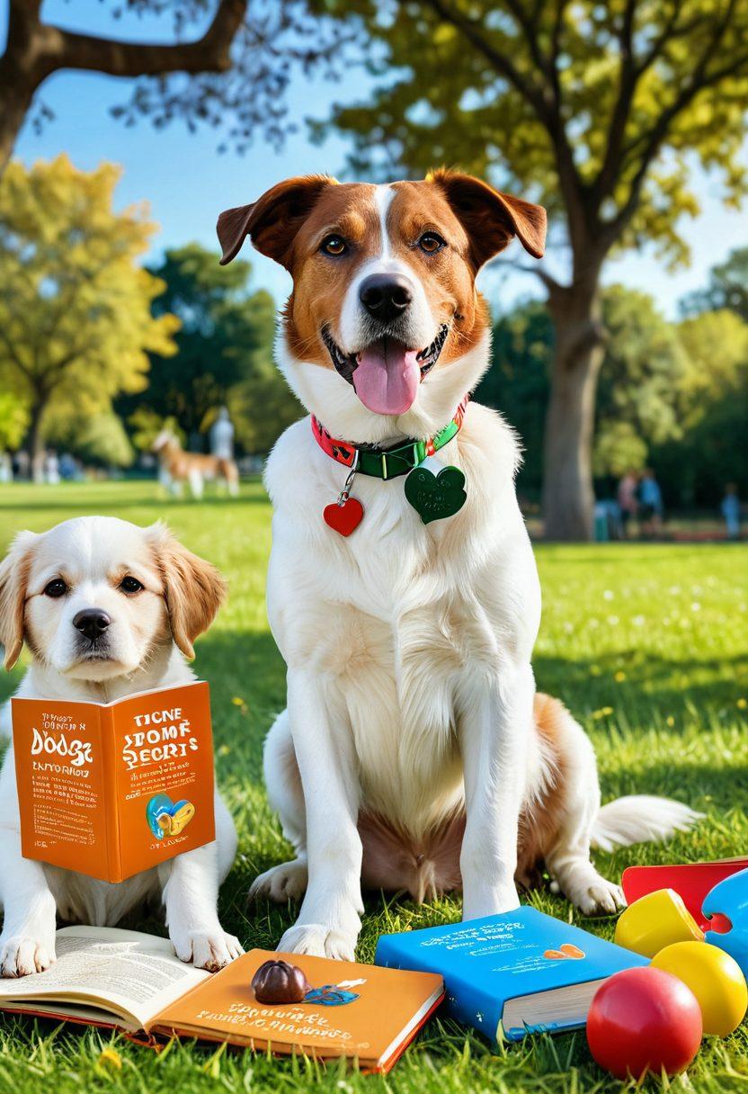 A friendly dog sitting attentively next to a playful puppy, surrounded by training tools like treats, a clicker, and a book titled 'Dog Training Secrets'. In the background, a peaceful park setting with trees and a bright blue sky, symbolizing wellness and outdoor activity. Include icons representing health tips like a bone and a heart. super-realistic. vibrant colors. warm and inviting atmosphere.