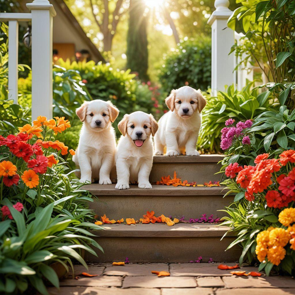 An adorable staircase featuring puppies of various breeds at the bottom transitioning into their senior counterparts at the top. Each step is adorned with training tools like leashes and toys, while the background showcases a lush garden for playtime. Soft sunlight filters through, illuminating the scene with warmth and joy. Illustrate a sense of nurturing and progress in pet care. vibrant colors. super-realistic.